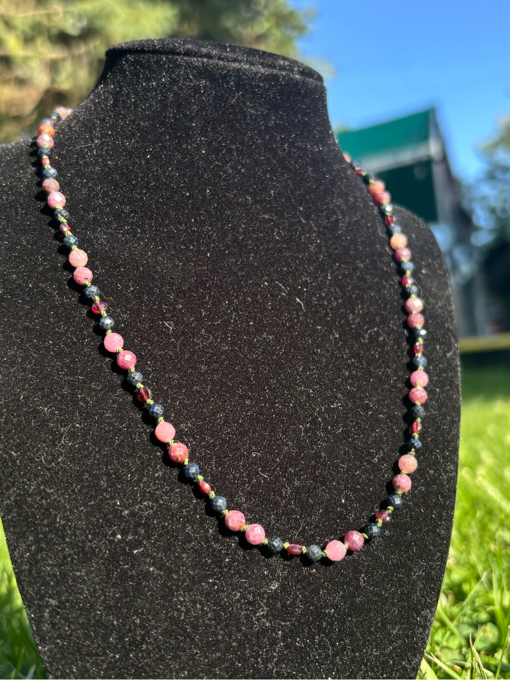 Artisan Ruby, Sapphire and Garnet necklace.
